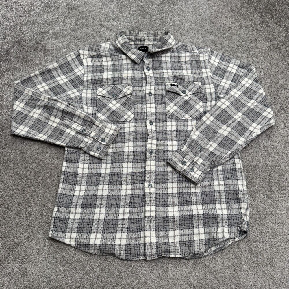 RVCA Heavyweight Cotton Plaid Flannel Shirt Shacket Men Large Gray White Button